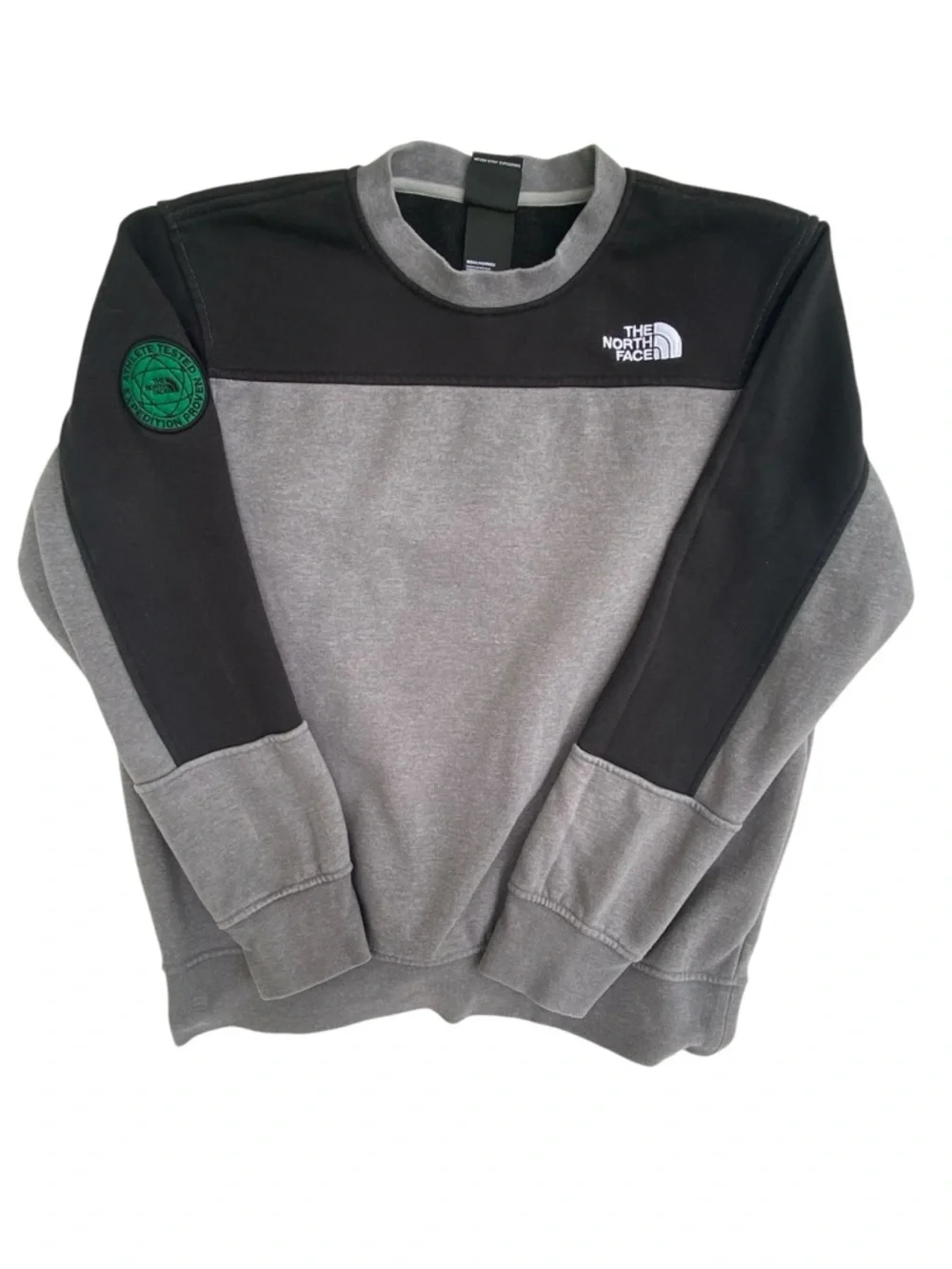 The North Face Men’s Gray and Black Crewneck Sweatshirt with Green Patch Medium